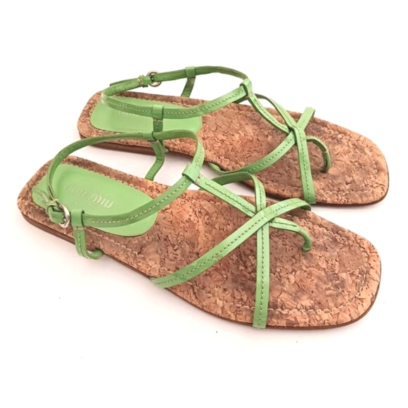 Mui Mui PRADA Green Patent Strappy Flat Sandal Cork Insole 38.5 Made in Italy - Picture 5 of 9